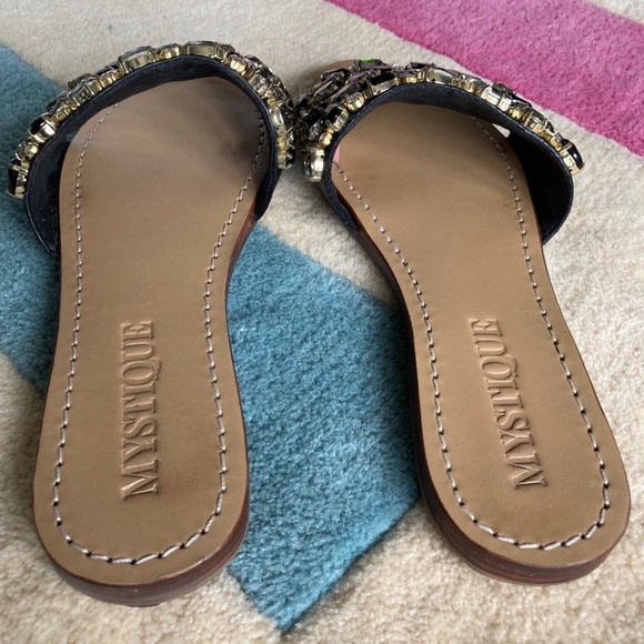Mystique Cannon Cambodia Black Clear Crystal Jeweled Leather Slide Sandals sz 5 - Picture 3 of 5